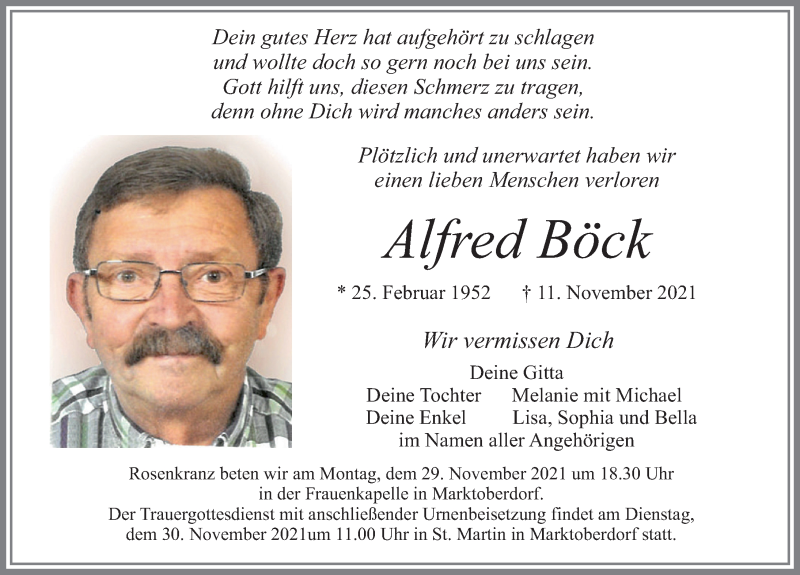  Traueranzeige für Alfred Böck vom 27.11.2021 aus Allgäuer Zeitung, Marktoberdorf