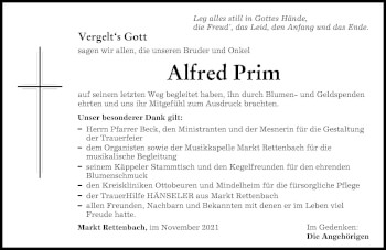 Traueranzeige von Alfred Prim von Memminger Zeitung