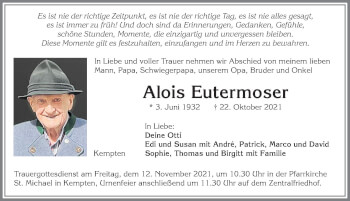 Traueranzeige von Alois Eutermoser von Allgäuer Zeitung,Kempten