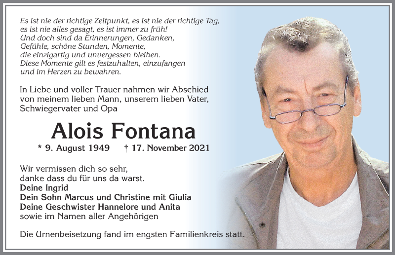  Traueranzeige für Alois Fontana vom 27.11.2021 aus Allgäuer Zeitung,Kempten