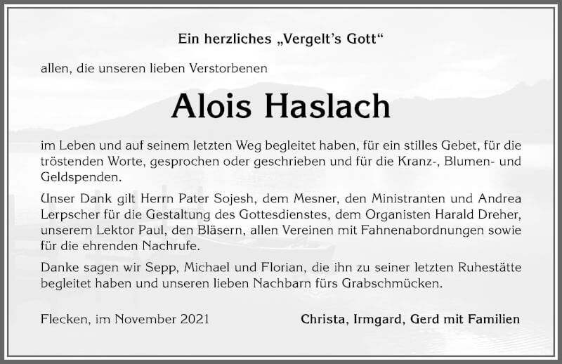  Traueranzeige für Alois Haslach vom 19.11.2021 aus Allgäuer Anzeigeblatt