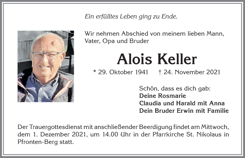  Traueranzeige für Alois Keller vom 27.11.2021 aus Allgäuer Zeitung, Füssen