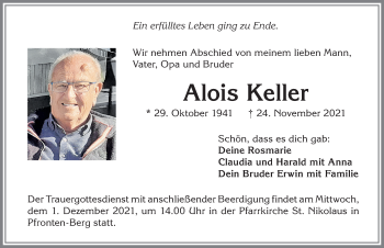 Traueranzeige von Alois Keller von Allgäuer Zeitung, Füssen