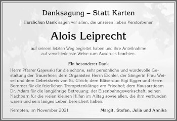 Traueranzeige von Alois Leiprecht von Allgäuer Zeitung,Kempten