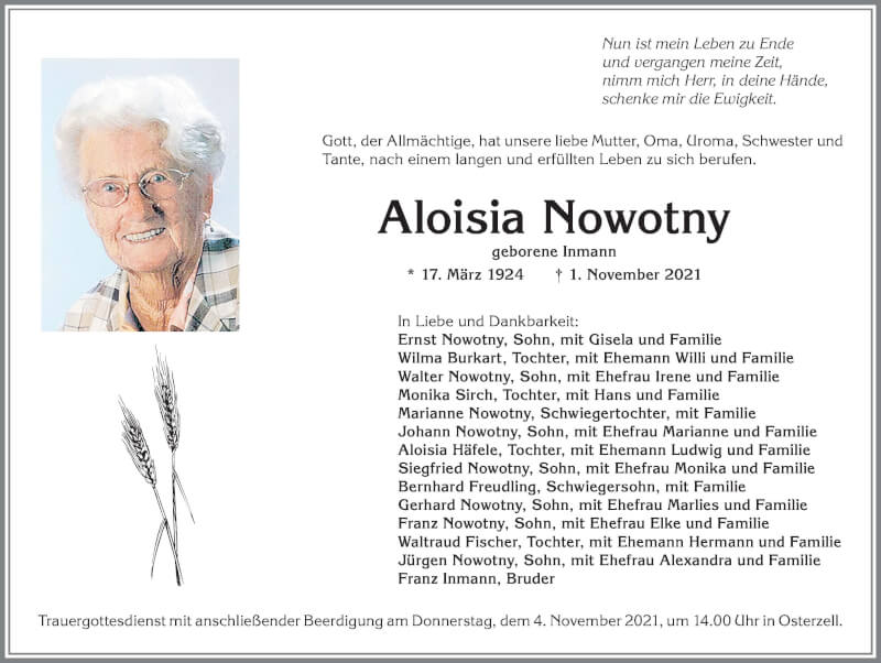  Traueranzeige für Aloisia Nowotny vom 03.11.2021 aus Allgäuer Zeitung, Kaufbeuren/Buchloe