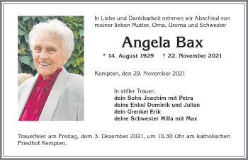 Traueranzeige von Angela Bax von Allgäuer Zeitung,Kempten