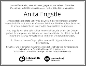 Traueranzeige von Anita Engstle von Allgäuer Zeitung, Kaufbeuren/Buchloe