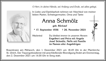 Traueranzeige von Anna Schmölz von Allgäuer Zeitung, Füssen