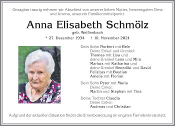Traueranzeige von Anna Elisabeth Schmölz von Allgäuer Zeitung, Kaufbeuren/Buchloe
