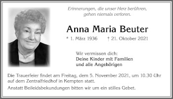 Traueranzeige von Anna Maria Beuter von Allgäuer Zeitung,Kempten
