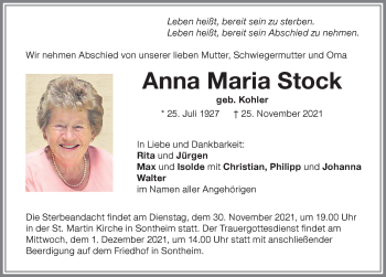 Traueranzeige von Anna Maria Stock von Memminger Zeitung