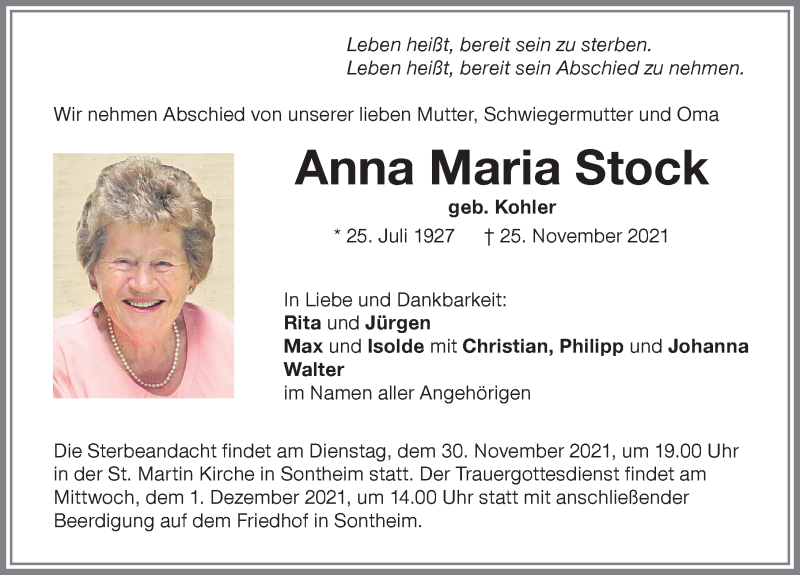  Traueranzeige für Anna Maria Stock vom 27.11.2021 aus Memminger Zeitung