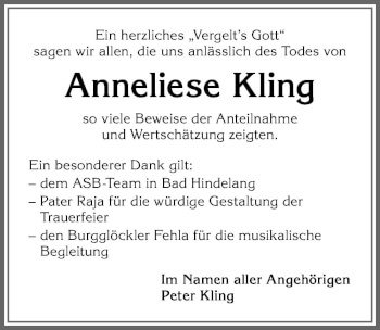 Traueranzeige von Anneliese Kling von Allgäuer Anzeigeblatt