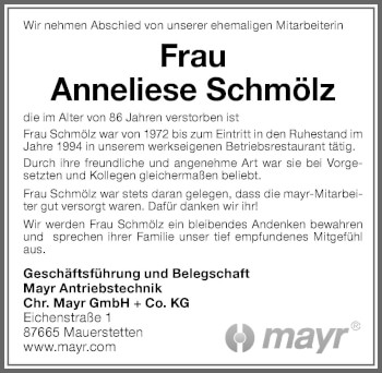 Traueranzeige von Anneliese Schmölz von Allgäuer Zeitung, Kaufbeuren/Buchloe