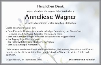 Traueranzeige von Anneliese Wagner von Allgäuer Zeitung,Kempten