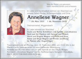 Traueranzeige von Anneliese Wagner von Allgäuer Zeitung,Kempten
