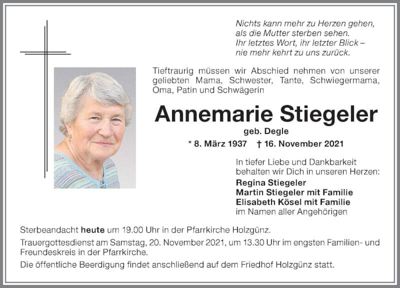 Traueranzeigen von Annemarie Stiegeler | Allgäuer Zeitung