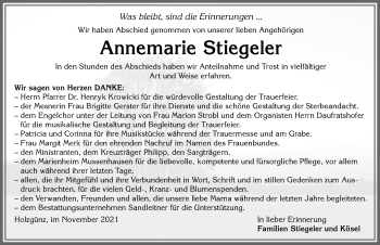 Traueranzeige von Annemarie Stiegeler von Memminger Zeitung