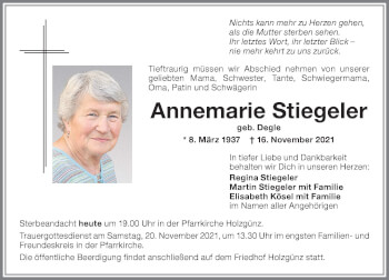 Traueranzeige von Annemarie Stiegeler von Memminger Zeitung