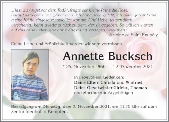 Traueranzeige von Annette Bucksch von Allgäuer Zeitung,Kempten