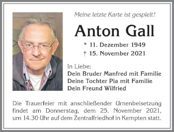 Traueranzeige von Anton Gall von Allgäuer Zeitung,Kempten