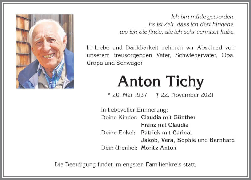  Traueranzeige für Anton Tichy vom 24.11.2021 aus Allgäuer Zeitung, Kaufbeuren/Buchloe
