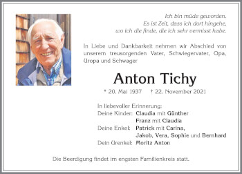 Traueranzeige von Anton Tichy von Allgäuer Zeitung, Kaufbeuren/Buchloe