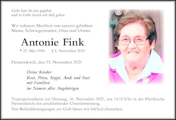 Traueranzeige von Antonie Fink von Der Westallgäuer