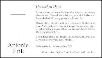 Traueranzeige von Antonie Fink von Der Westallgäuer