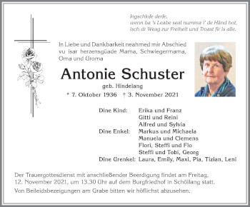 Traueranzeige von Antonie Schuster von Allgäuer Anzeigeblatt