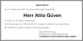 Traueranzeige von Atila Güven von Allgäuer Zeitung,Kempten