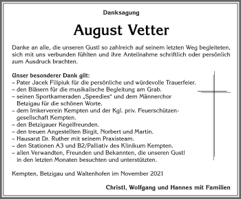 Traueranzeige von August Vetter von Allgäuer Zeitung,Kempten