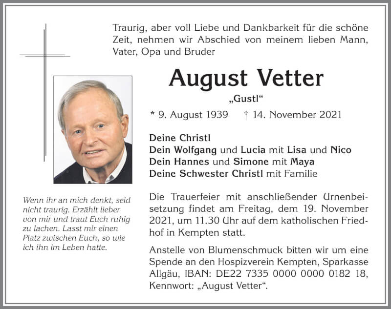  Traueranzeige für August Vetter vom 17.11.2021 aus Allgäuer Zeitung,Kempten