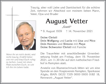Traueranzeige von August Vetter von Allgäuer Zeitung,Kempten