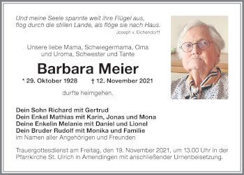 Traueranzeige von Barbara Meier von Memminger Zeitung