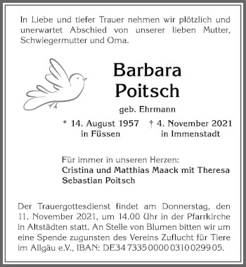 Traueranzeige von Barbara Poitsch von Allgäuer Zeitung