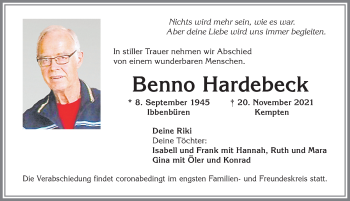 Traueranzeige von Benno Hardebeck von Allgäuer Zeitung,Kempten