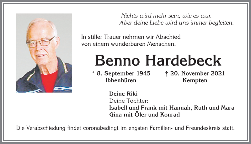  Traueranzeige für Benno Hardebeck vom 27.11.2021 aus Allgäuer Zeitung,Kempten