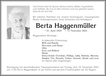Traueranzeige von Berta Haggenmüller von Allgäuer Zeitung,Kempten