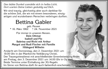Traueranzeige von Bettina Gabler von Allgäuer Zeitung,Kempten