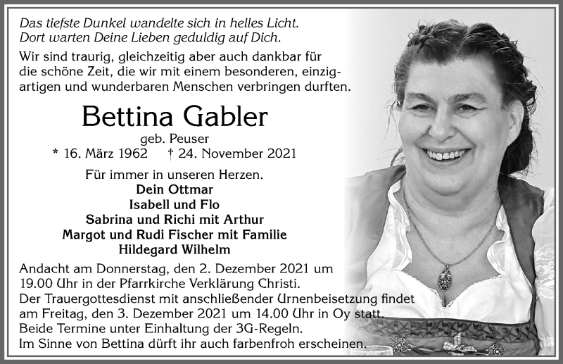 Traueranzeige für Bettina Gabler vom 30.11.2021 aus Allgäuer Zeitung,Kempten