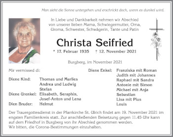 Traueranzeige von Christa Seifried von Allgäuer Anzeigeblatt
