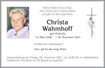 Traueranzeige von Christa Wahmhoff von Allgäuer Zeitung, Kaufbeuren/Buchloe
