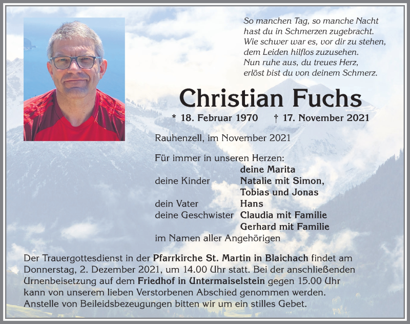  Traueranzeige für Christian Fuchs vom 27.11.2021 aus Allgäuer Anzeigeblatt