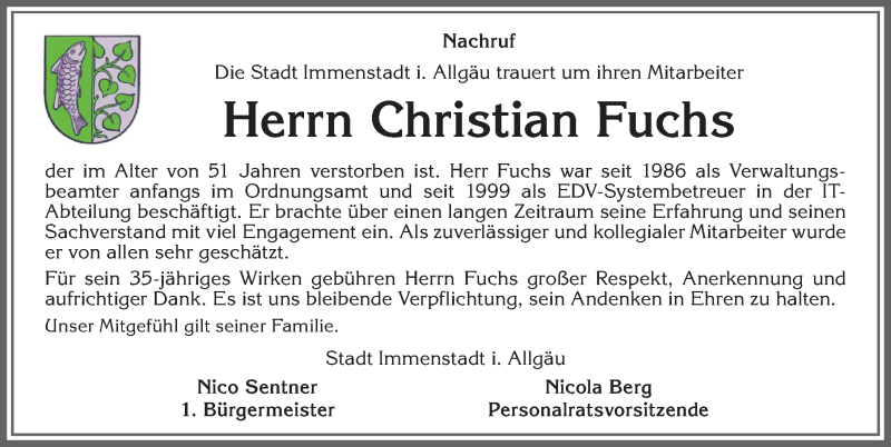  Traueranzeige für Christian Fuchs vom 27.11.2021 aus Allgäuer Anzeigeblatt