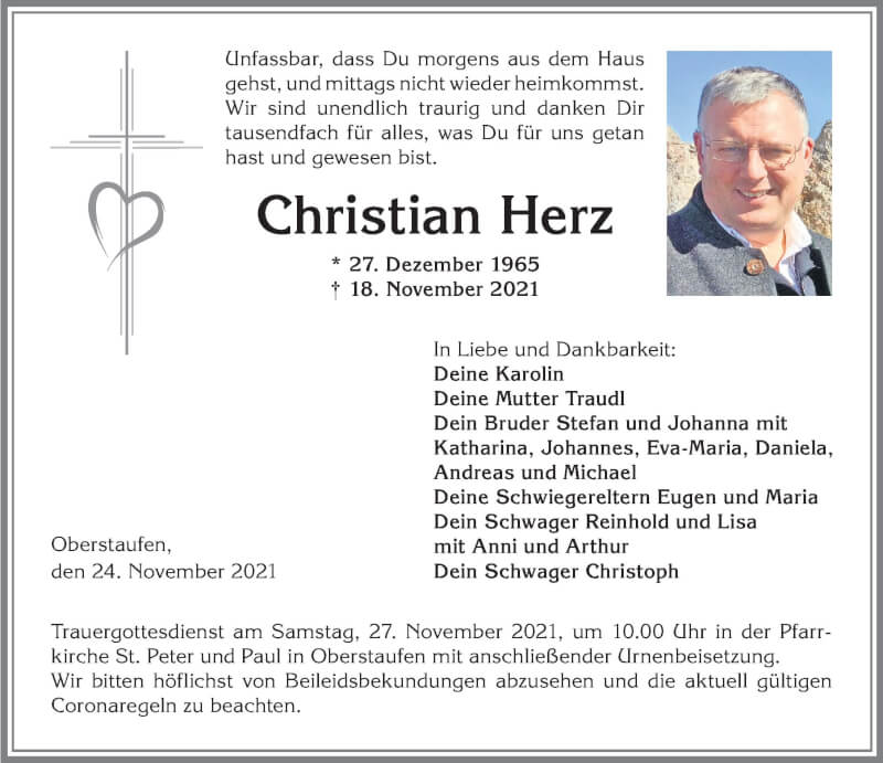  Traueranzeige für Christian Herz vom 24.11.2021 aus Allgäuer Anzeigeblatt