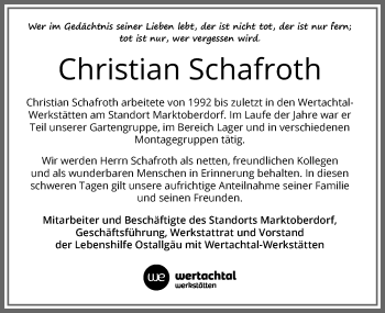 Traueranzeige von Christian Schafroth von Allgäuer Zeitung, Marktoberdorf