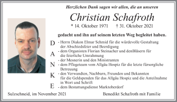 Traueranzeige von Christian Schafroth von Allgäuer Zeitung, Marktoberdorf