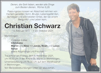 Traueranzeige von Christian Schwarz von Memminger Zeitung