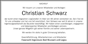 Traueranzeige von Christian Schwarz von Memminger Zeitung